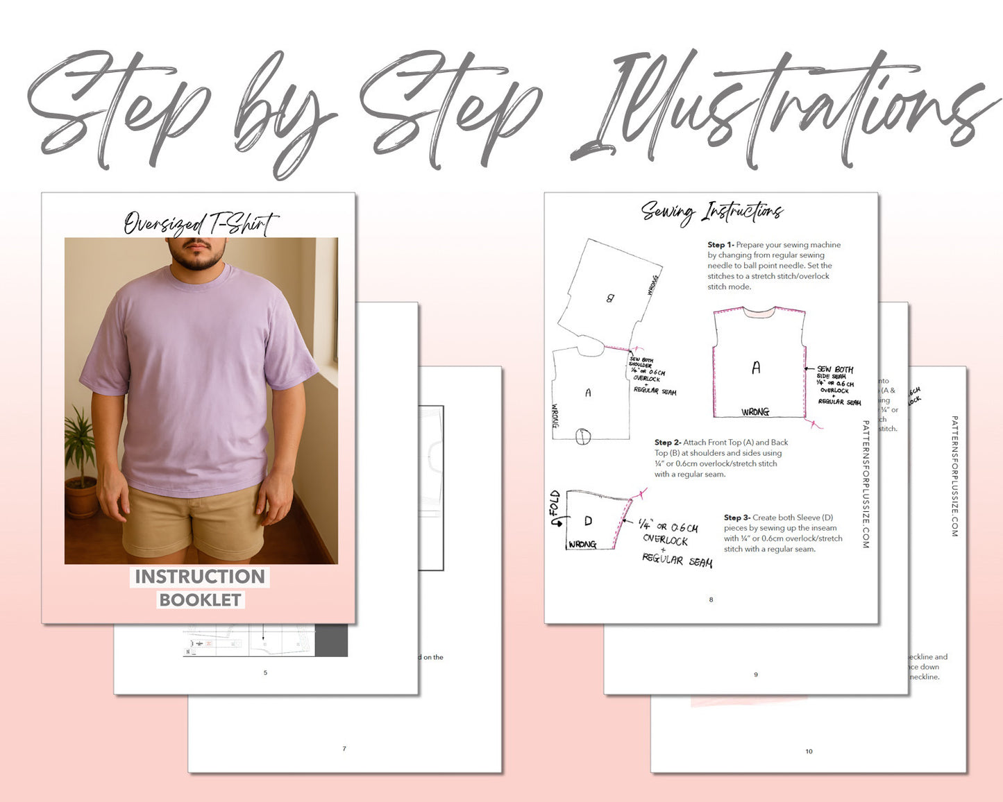 Plus Size Mens Oversized Longline Tee sewing pattern step by step illustrations.