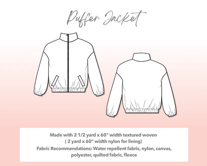 Illustration and detailed description for Plus Size Mens Puffer Jacket sewing pattern.