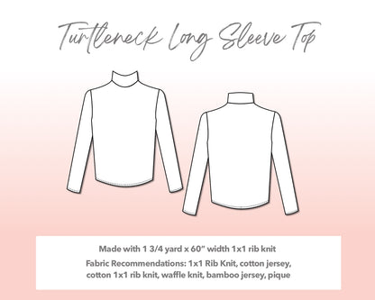 Illustration and detailed description for Plus Size Mens Turtleneck Long Sleeve Top sewing pattern.