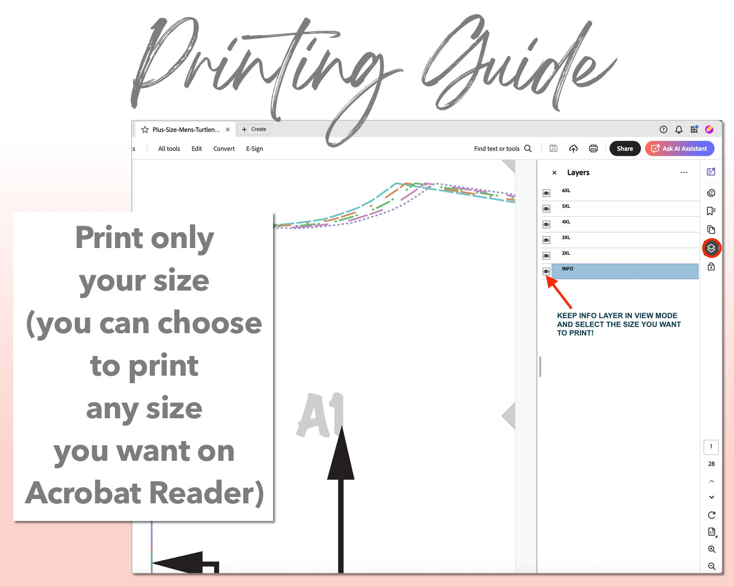 Plus Size Mens Turtleneck Long Sleeve Top sewing pattern printing guide.