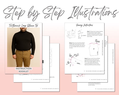 Plus Size Mens Turtleneck Long Sleeve Top sewing pattern step by step illustrations.
