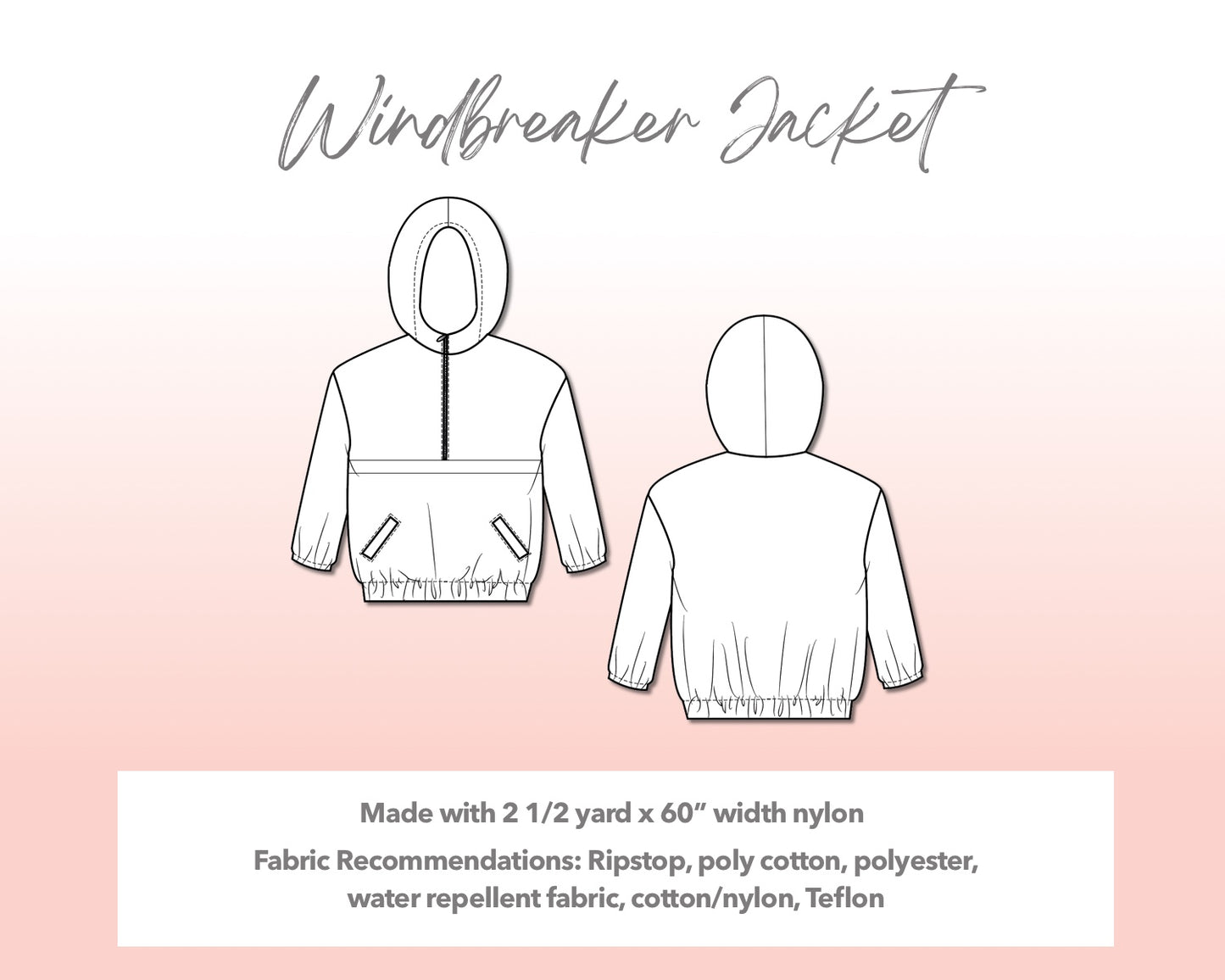 Illustration and detailed description for Plus Size Mens Windbreaker Jacket sewing pattern.