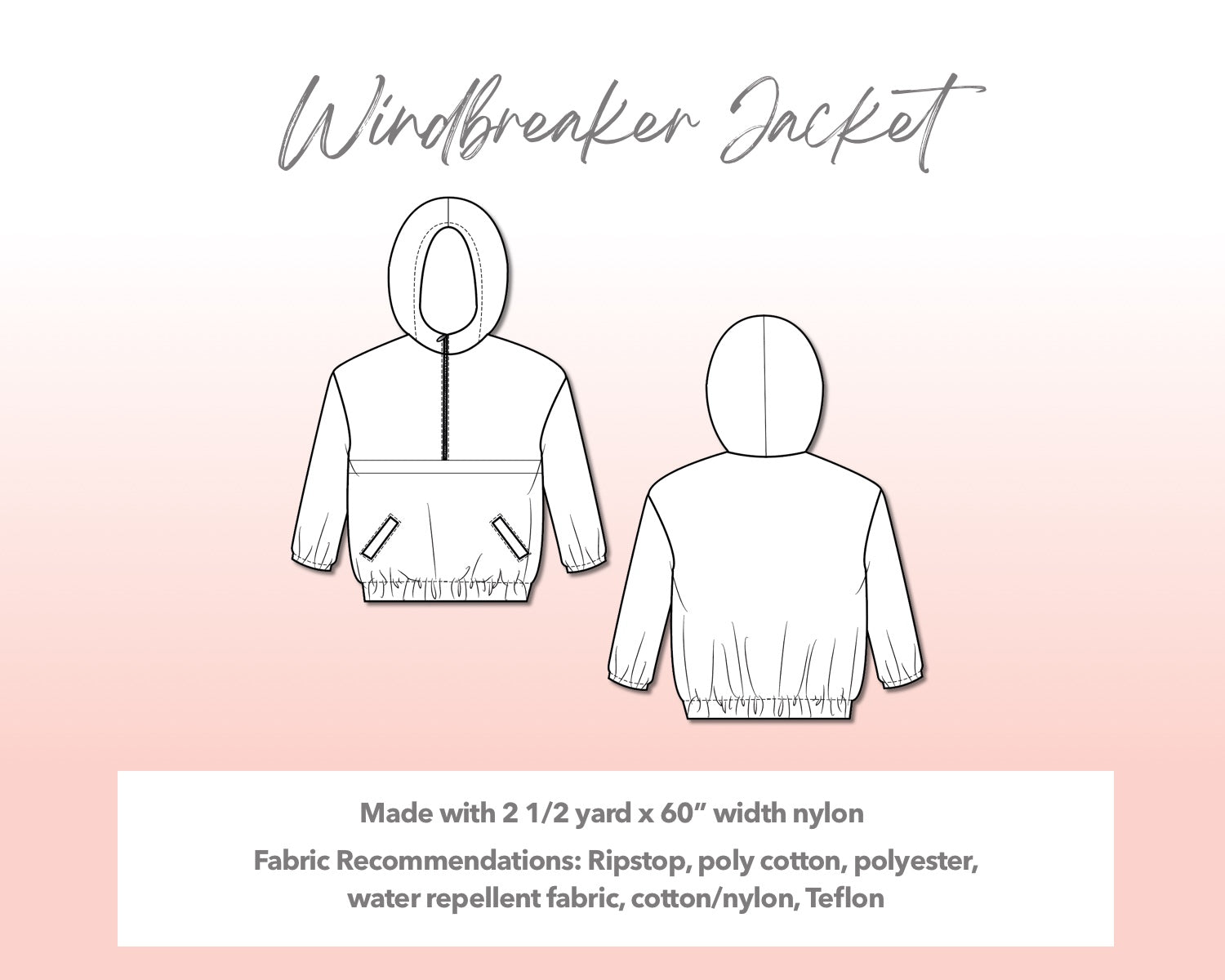 Illustration and detailed description for Plus Size Mens Windbreaker Jacket sewing pattern.