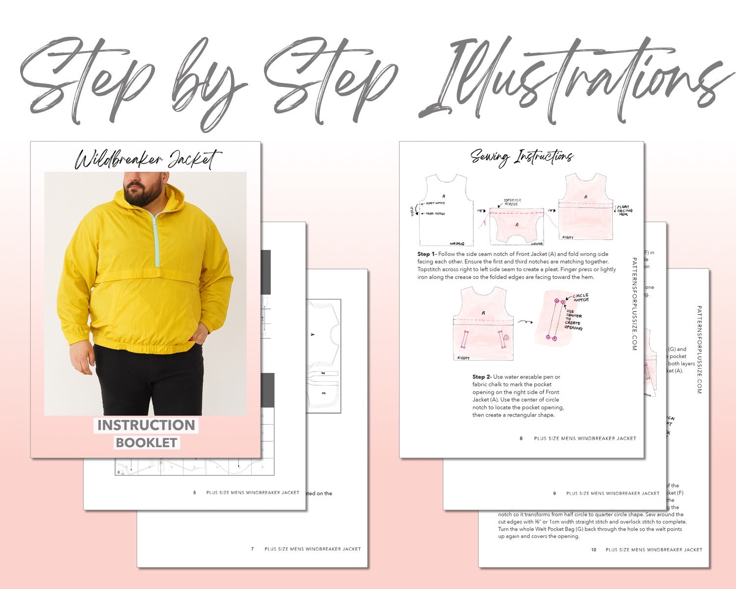 Plus Size Mens Windbreaker Jacket sewing pattern step by step illustrations.