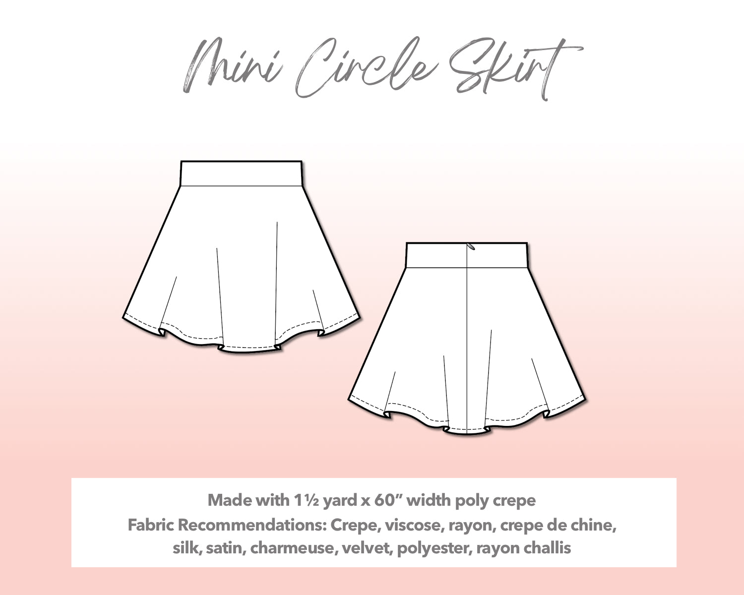 Illustration and detailed description for Plus Size Mini Circle Skirt sewing pattern.