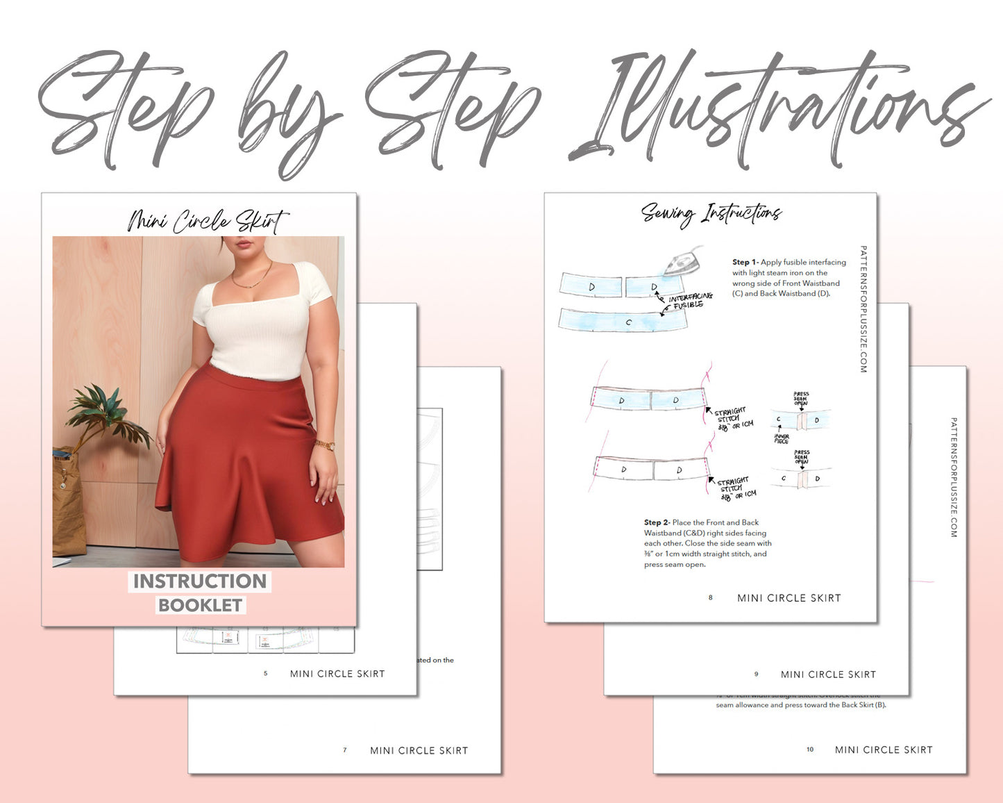 Plus Size Mini Circle Skirt sewing pattern step by step illustrations.