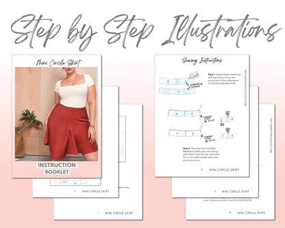 Plus Size Mini Circle Skirt sewing pattern step by step illustrations.