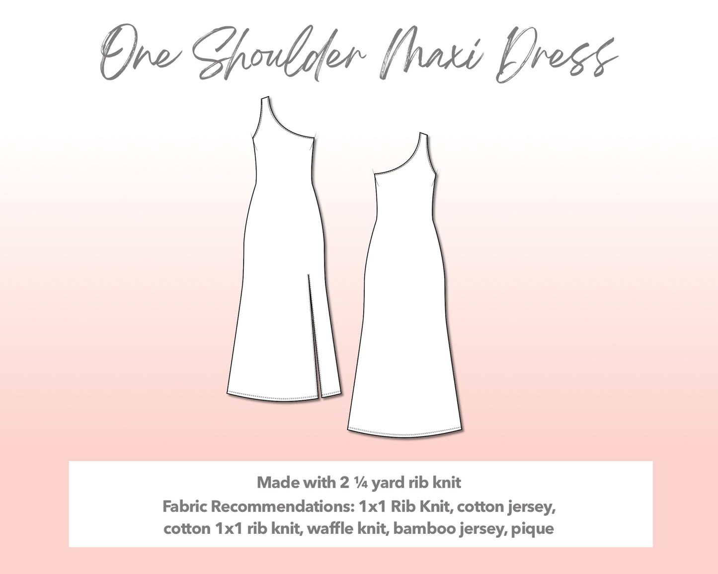 Illustration and detailed description for Plus Size One Shoulder Maxi Dress sewing pattern.