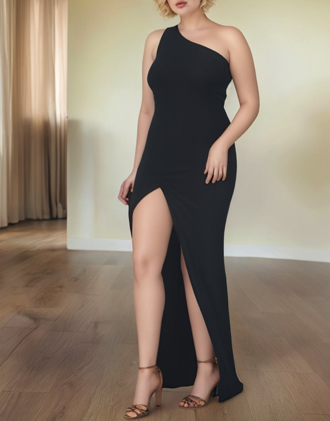 Side view of Plus Size One Shoulder Maxi Dress.