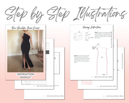 Plus Size One Shoulder Maxi Dress sewing pattern step by step illustrations.