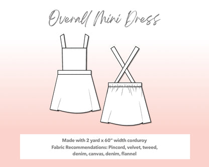 Illustration and detailed description for Plus Size Overall Mini Dress sewing pattern.