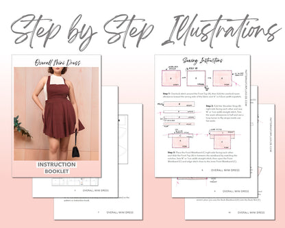 Plus Size Overall Mini Dress sewing pattern step by step illustrations.