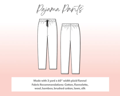 Illustration and detailed description for Plus Size Pajama Pants sewing pattern.