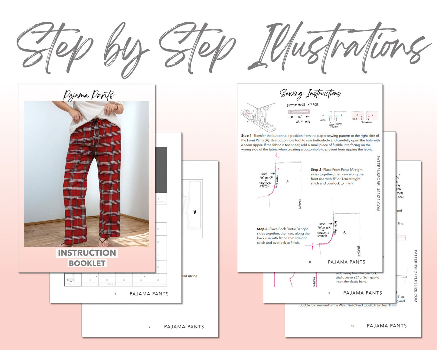 Plus Size Pajama Pants sewing pattern step by step illustrations.