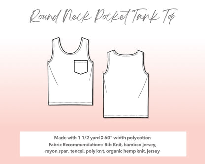 Illustration and detailed description for Plus Size Round Neck Pocket Tank Top sewing pattern.