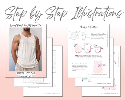 Plus Size Round Neck Pocket Tank Top sewing pattern step by step illustrations.