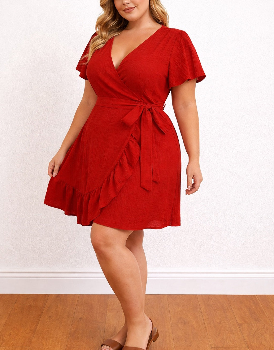 Side view of woman wearing a red Plus Size Ruffle Hem Wrap Mini Dress with a white background