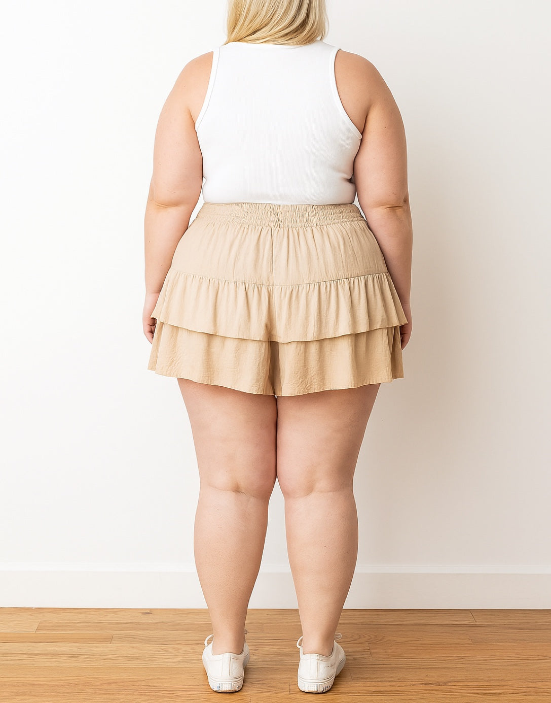 Back view of Plus Size Ruffled Tiered Skort.