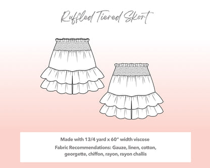 Illustration and detailed description for Plus Size Ruffled Tiered Skort sewing pattern.