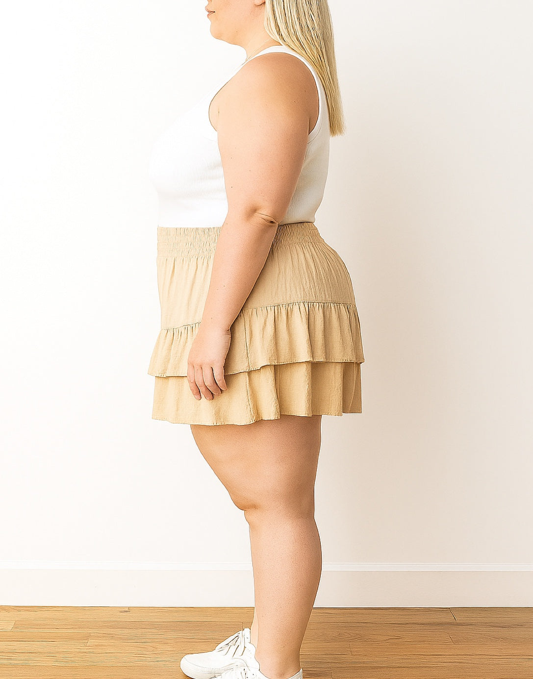Side view of Plus Size Ruffled Tiered Skort.