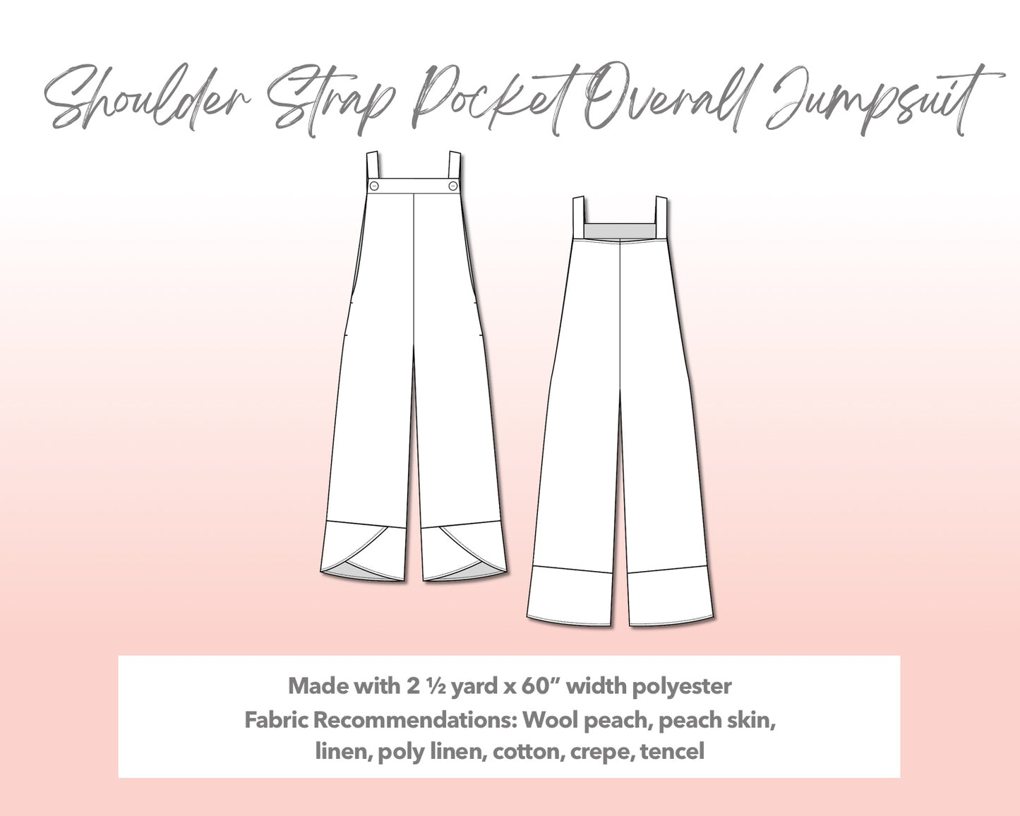 Illustration and detailed description for Plus Size Shoulder  Strap Pocket Overall Jumpsuit sewing pattern.