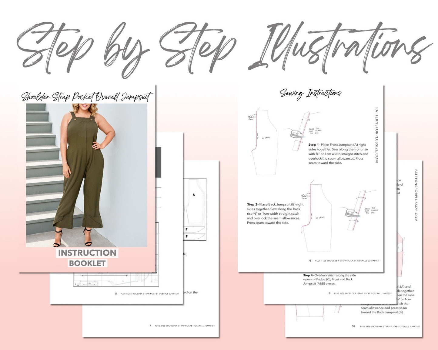 Plus Size Shoulder  Strap Pocket Overall Jumpsuit sewing pattern step by step illustrations.