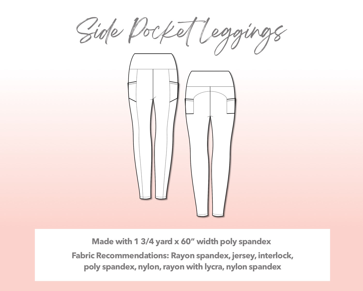 Illustration and detailed description for Plus Size Side Pocket Leggings sewing pattern.