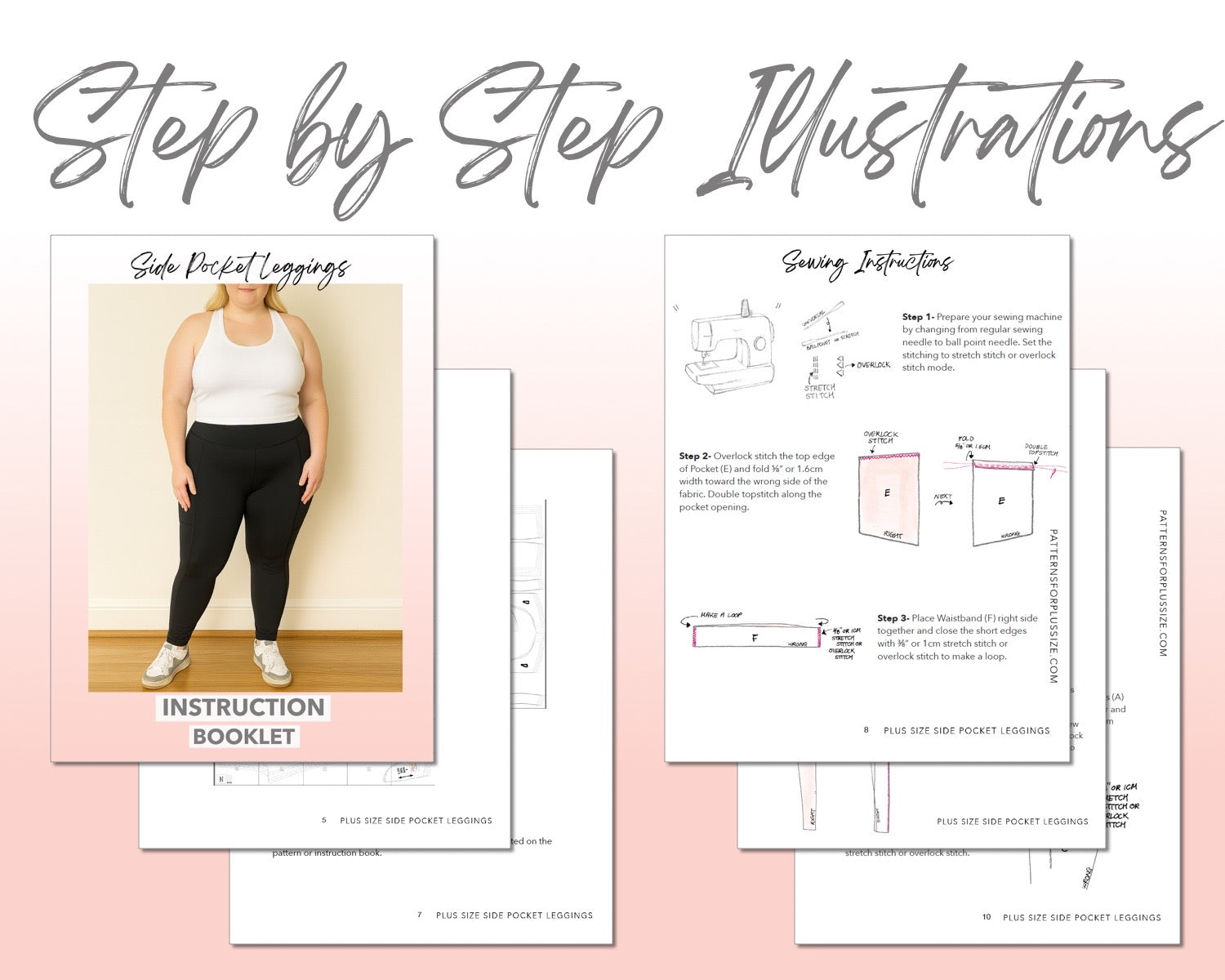 Plus Size Side Pocket Leggings sewing pattern step by step illustrations.