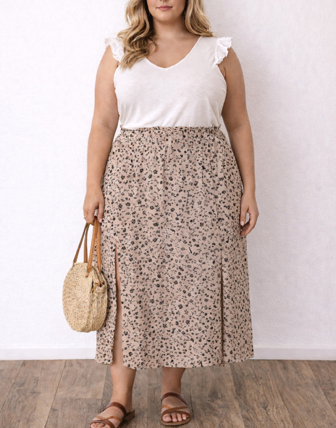 Plus Solid Side Slit Midi Skirt