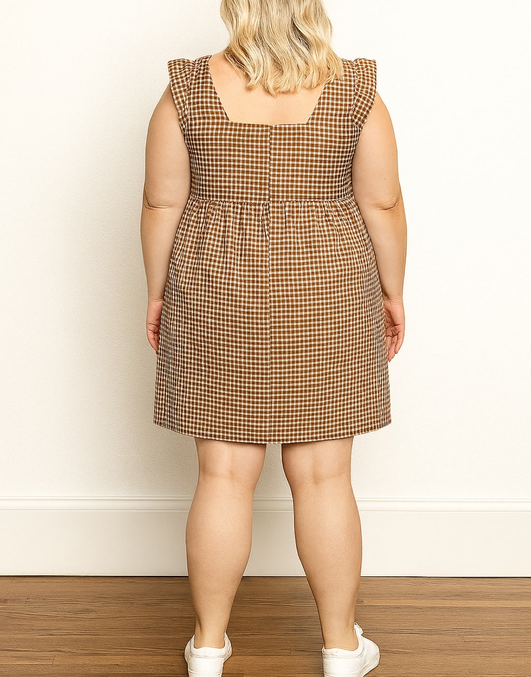 Back view of Plus Size Square Neck Butterfly Sleeve Smock Dress.