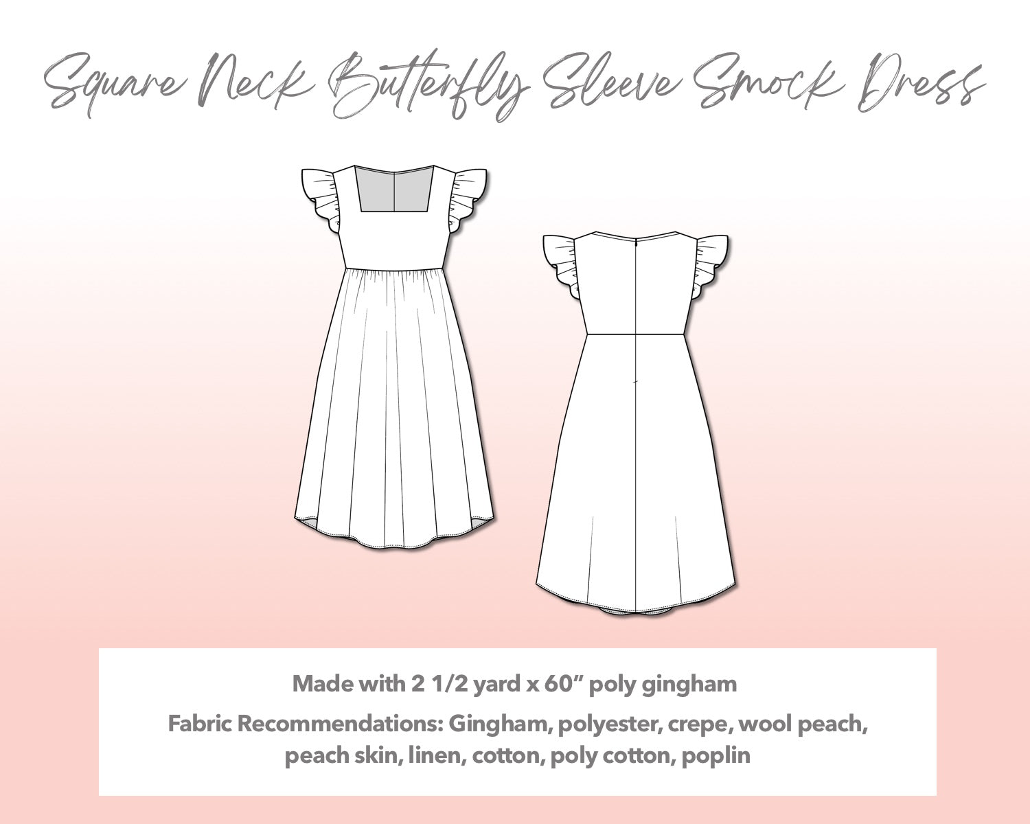 Illustration and detailed description for Plus Size Square Neck Butterfly Sleeve Smock Dress sewing pattern.