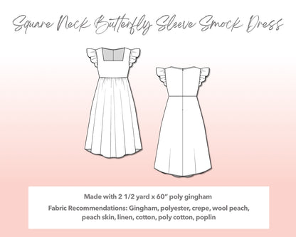 Illustration and detailed description for Plus Size Square Neck Butterfly Sleeve Smock Dress sewing pattern.