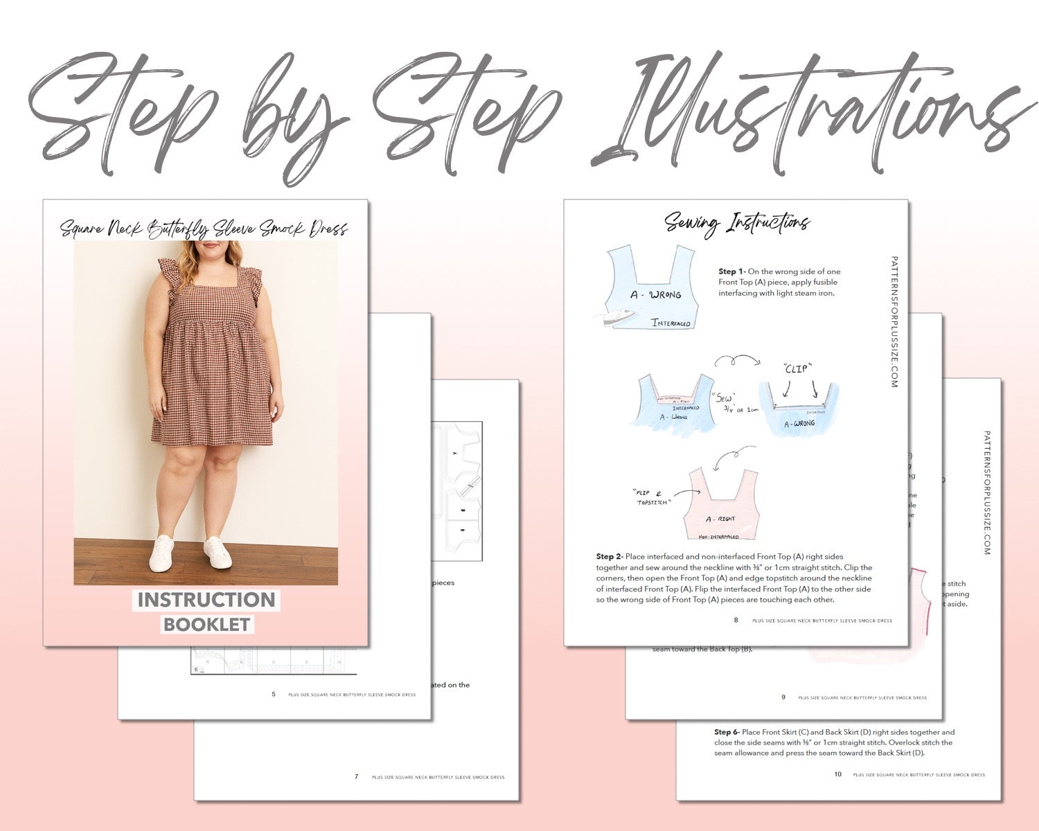 Plus Size Square Neck Butterfly Sleeve Smock Dress sewing pattern step by step illustrations.