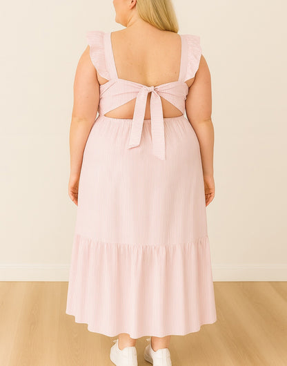Back view of Pink Plus Size Square Neck Maxi Dress with cut-out back design on a plain background.