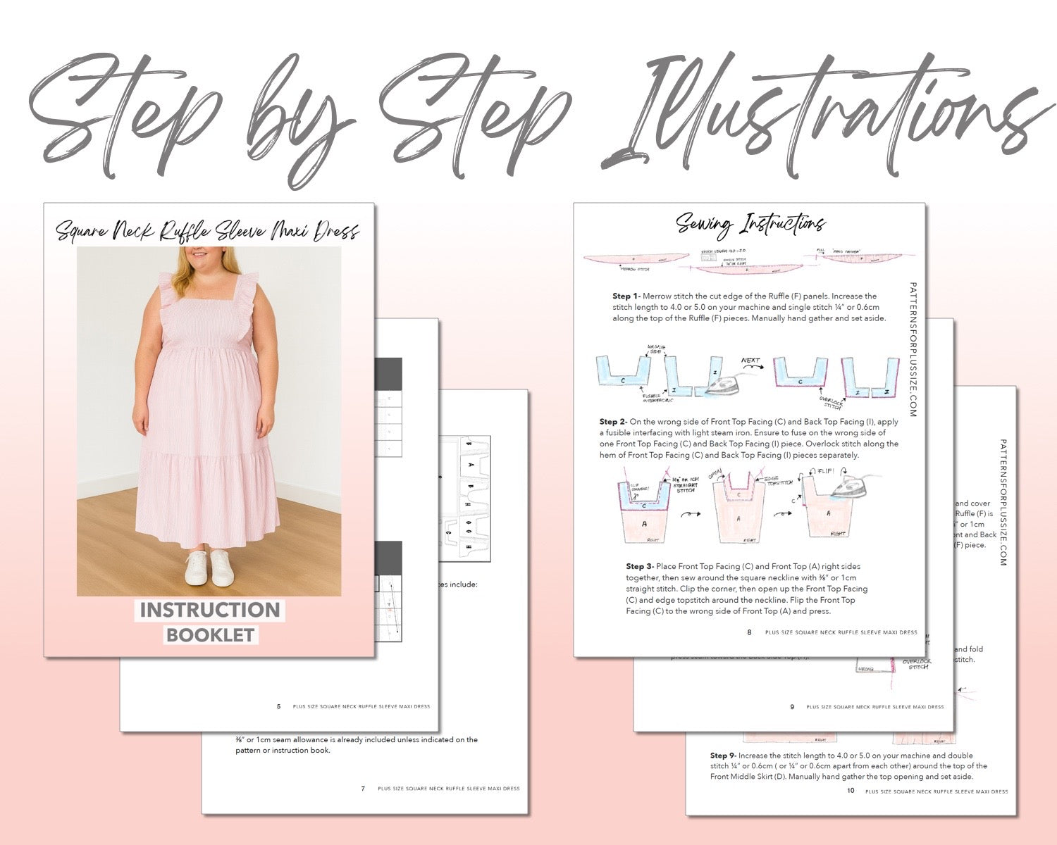 Plus Size Square Neck Ruffled Sleeve Maxi Dress sewing pattern instruction booklet showing step by step illustrations to make the garment.