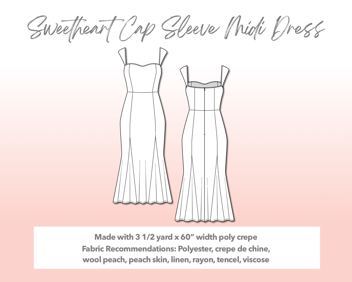 Illustration and detailed description for Plus Size Sweetheart Cap Sleeve Midi Dress sewing pattern.