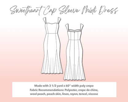Illustration and detailed description for Plus Size Sweetheart Cap Sleeve Midi Dress sewing pattern.