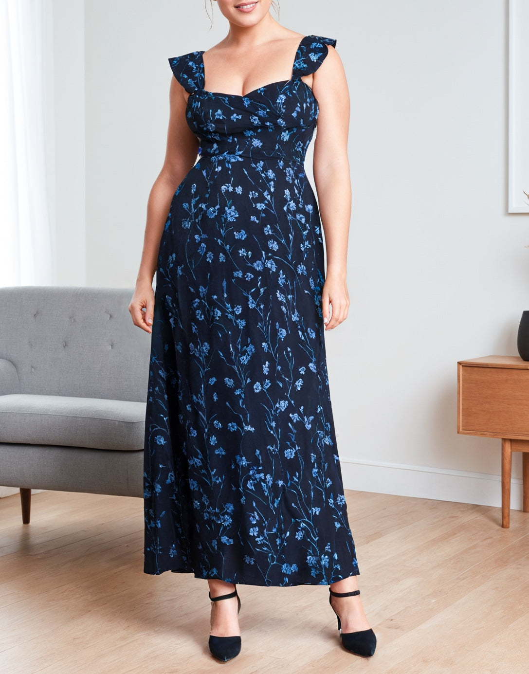 Side view of Plus Size Sweetheart Cap Sleeve Midi Dress.