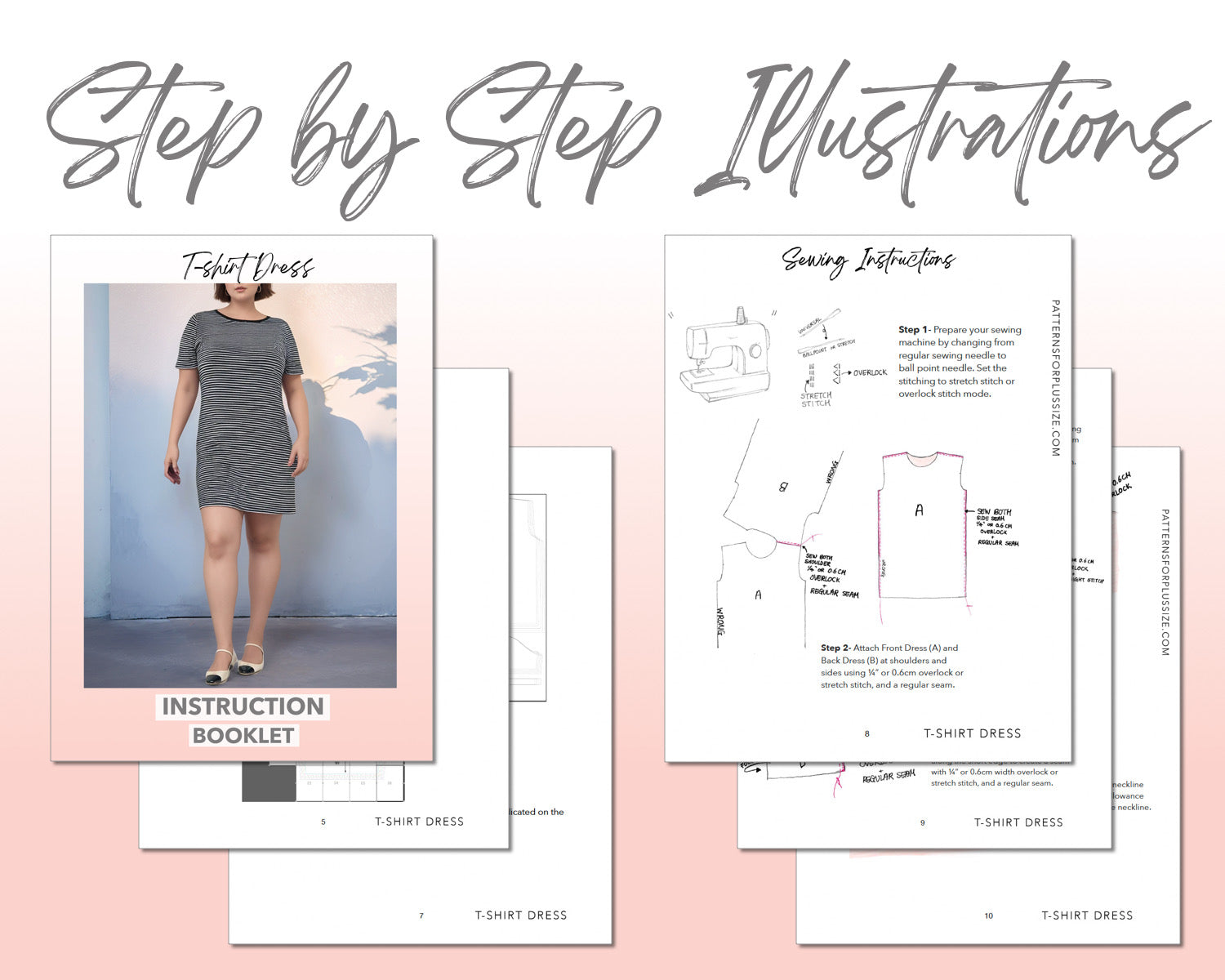 Plus Size T-Shirt Dress sewing pattern step by step illustrations.