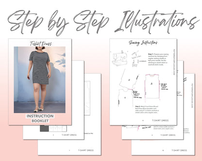 Plus Size T-Shirt Dress sewing pattern step by step illustrations.