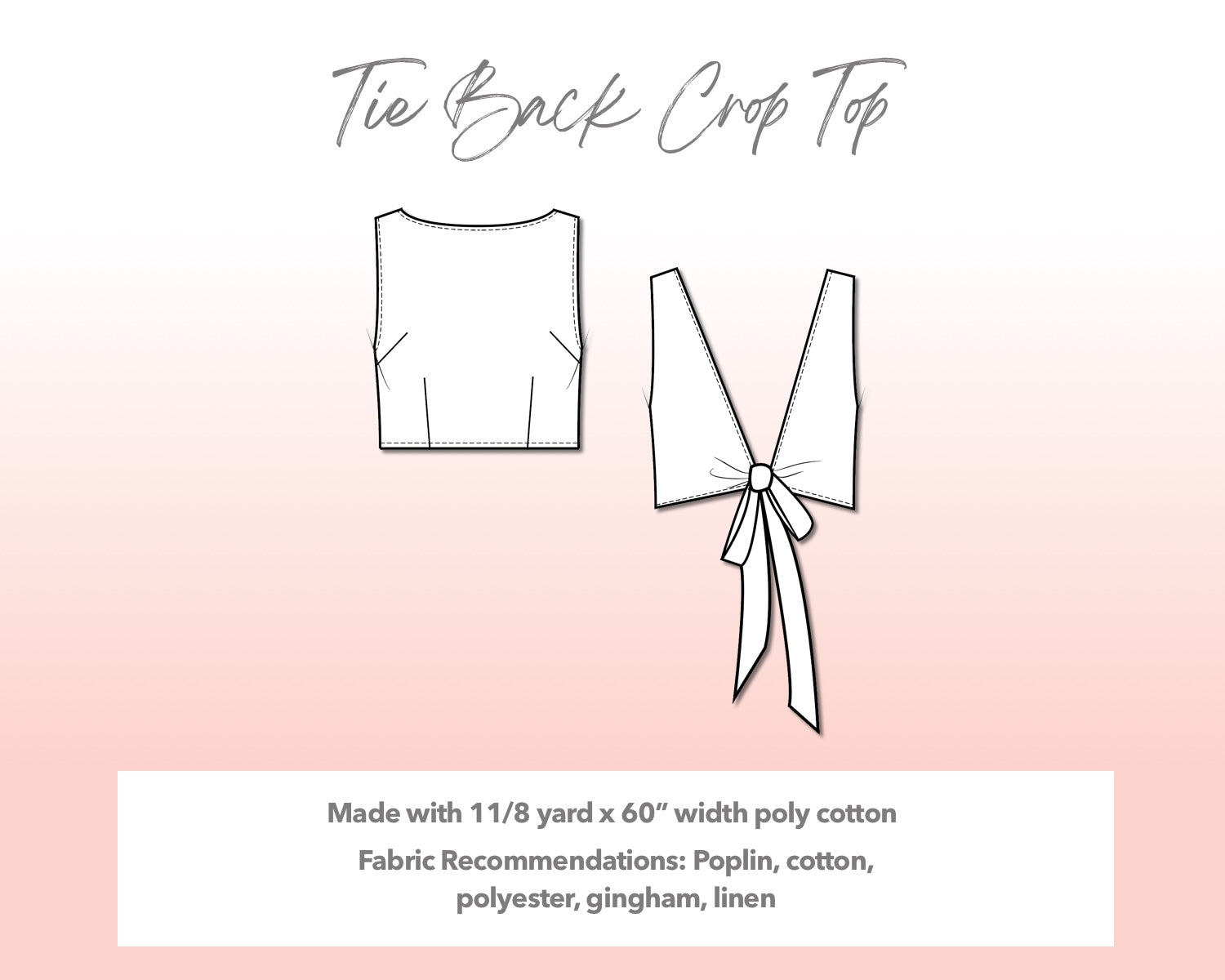 Illustration and detailed description for Plus Size Tie Back Crop Top sewing pattern.