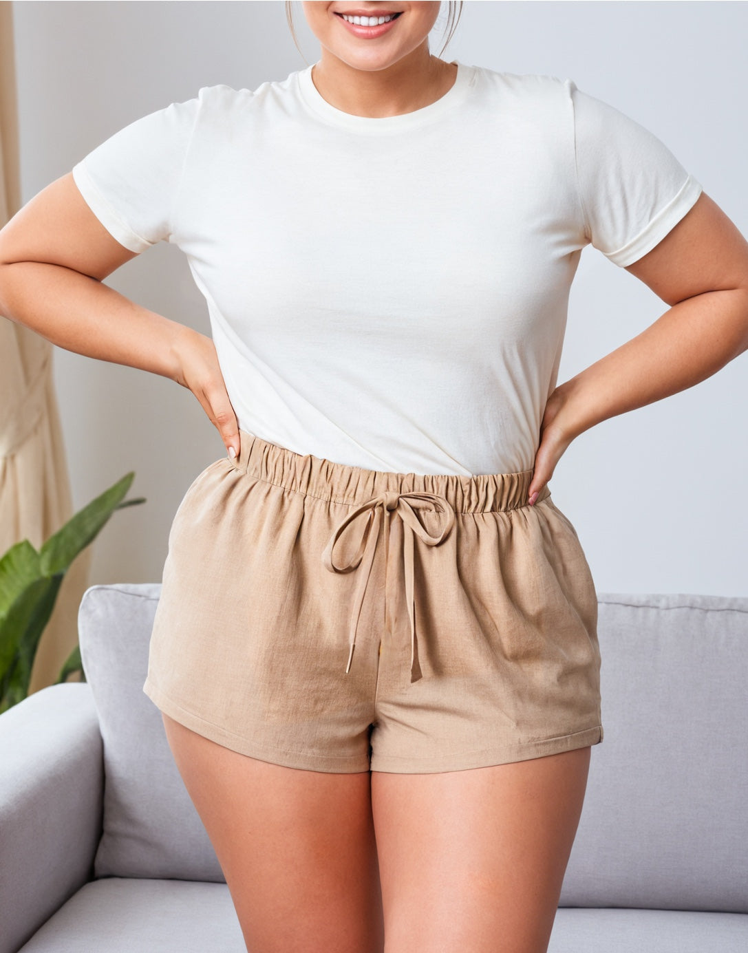 Full length photo of Plus Size Tie Front Easy Shorts.