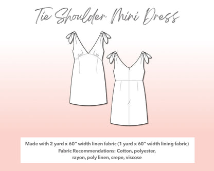 Illustration and detailed description for Plus Size Tie Shoulder Mini Dress sewing pattern.