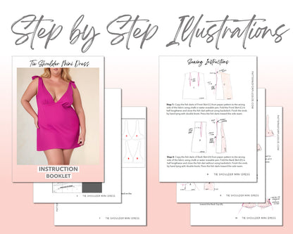 Plus Size Tie Shoulder Mini Dress sewing pattern step by step illustrations.