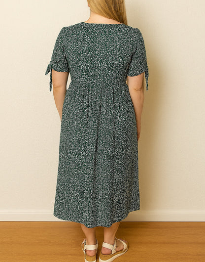 Back view of Plus Size Tie Sleeve Button Front Midi Dress.