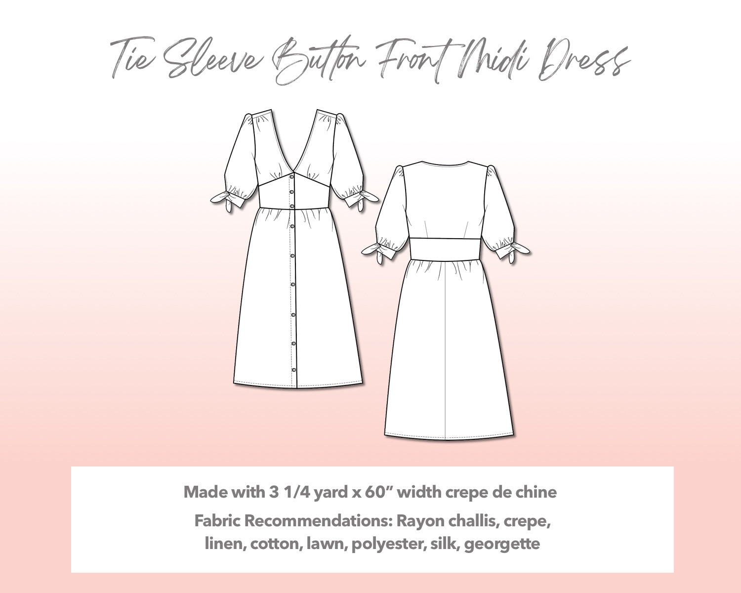 Illustration and detailed description for Plus Size Tie Sleeve Button Front Midi Dress sewing pattern.