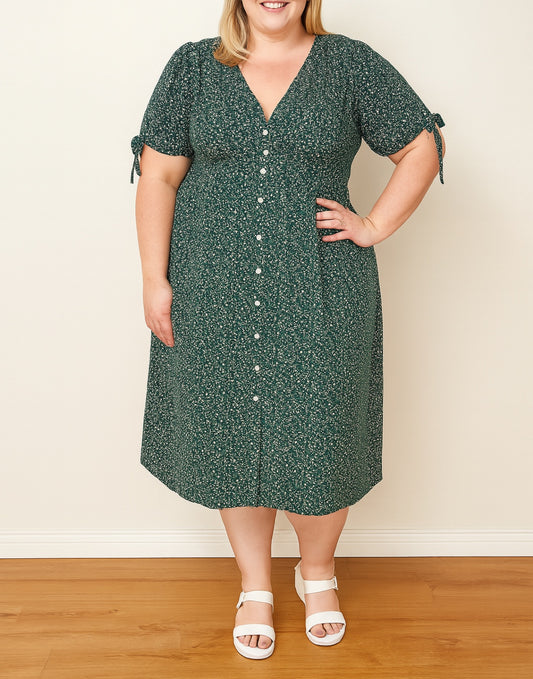 Front view of Plus Size Tie Sleeve Button Front Midi Dress.