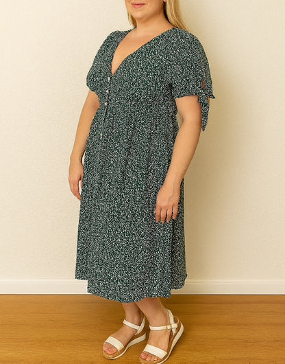 Side view of Plus Size Tie Sleeve Button Front Midi Dress.