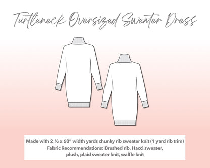 Illustration and detailed description for Plus Size Turtleneck Oversized Sweater Dress sewing pattern.