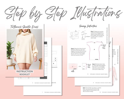 Plus Size Turtleneck Oversized Sweater Dress sewing pattern step by step illustrations.